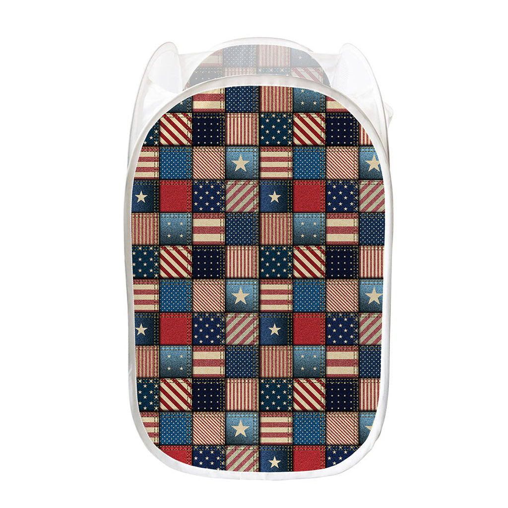 USA Denim Patchwork Pattern Print Mesh Laundry Hamper