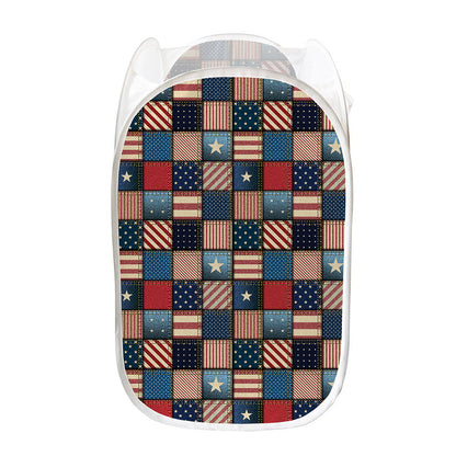 USA Denim Patchwork Pattern Print Mesh Laundry Hamper