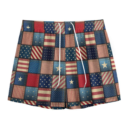 USA Denim Patchwork Pattern Print Mesh Shorts