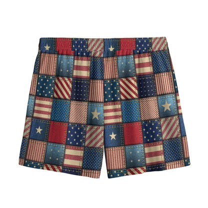 USA Denim Patchwork Pattern Print Mesh Shorts