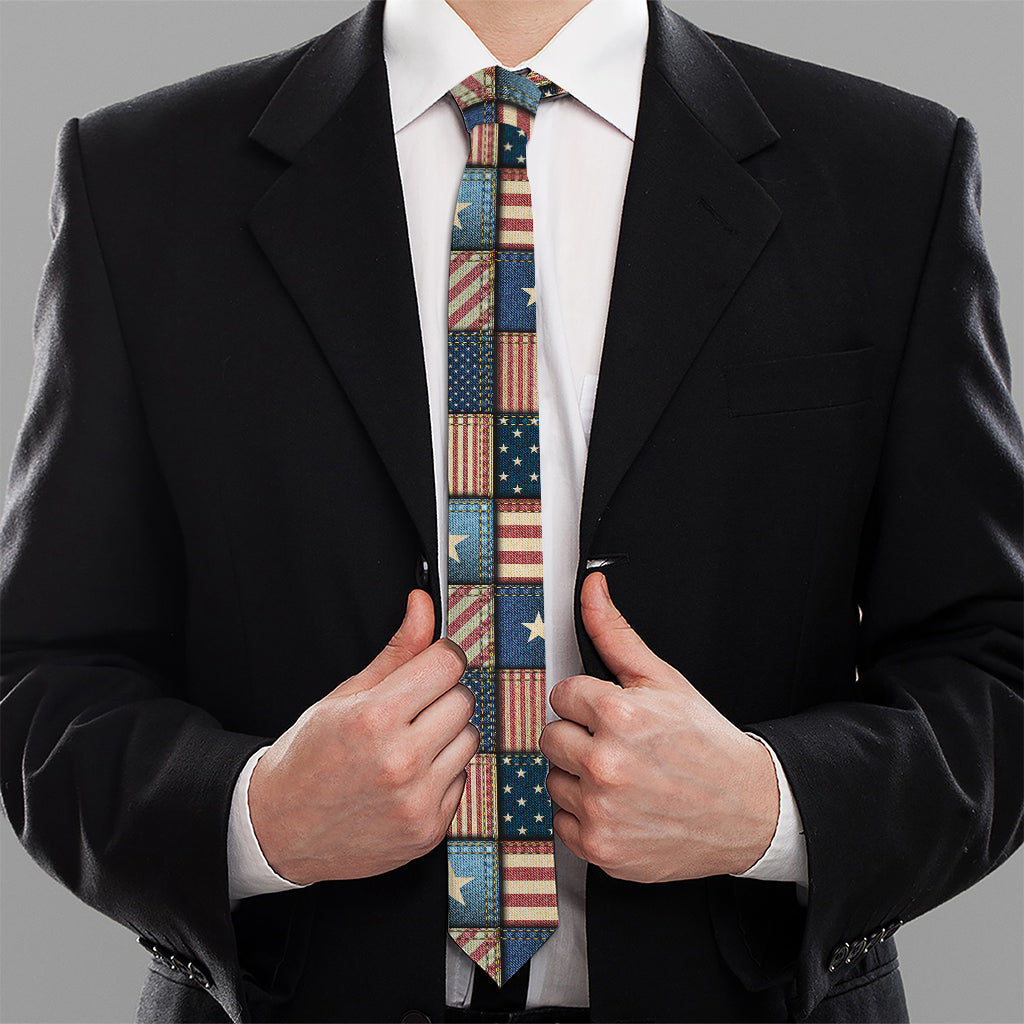 USA Denim Patchwork Pattern Print Necktie