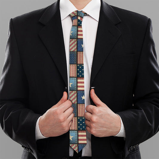 USA Denim Patchwork Pattern Print Necktie
