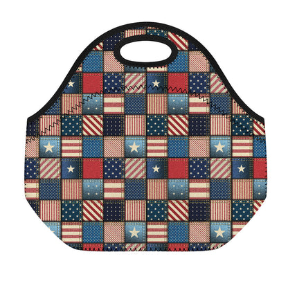 USA Denim Patchwork Pattern Print Neoprene Lunch Bag