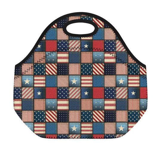 USA Denim Patchwork Pattern Print Neoprene Lunch Bag
