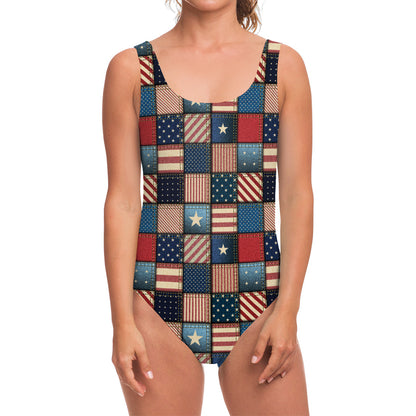 USA Denim Patchwork Pattern Print One Piece Swimsuit