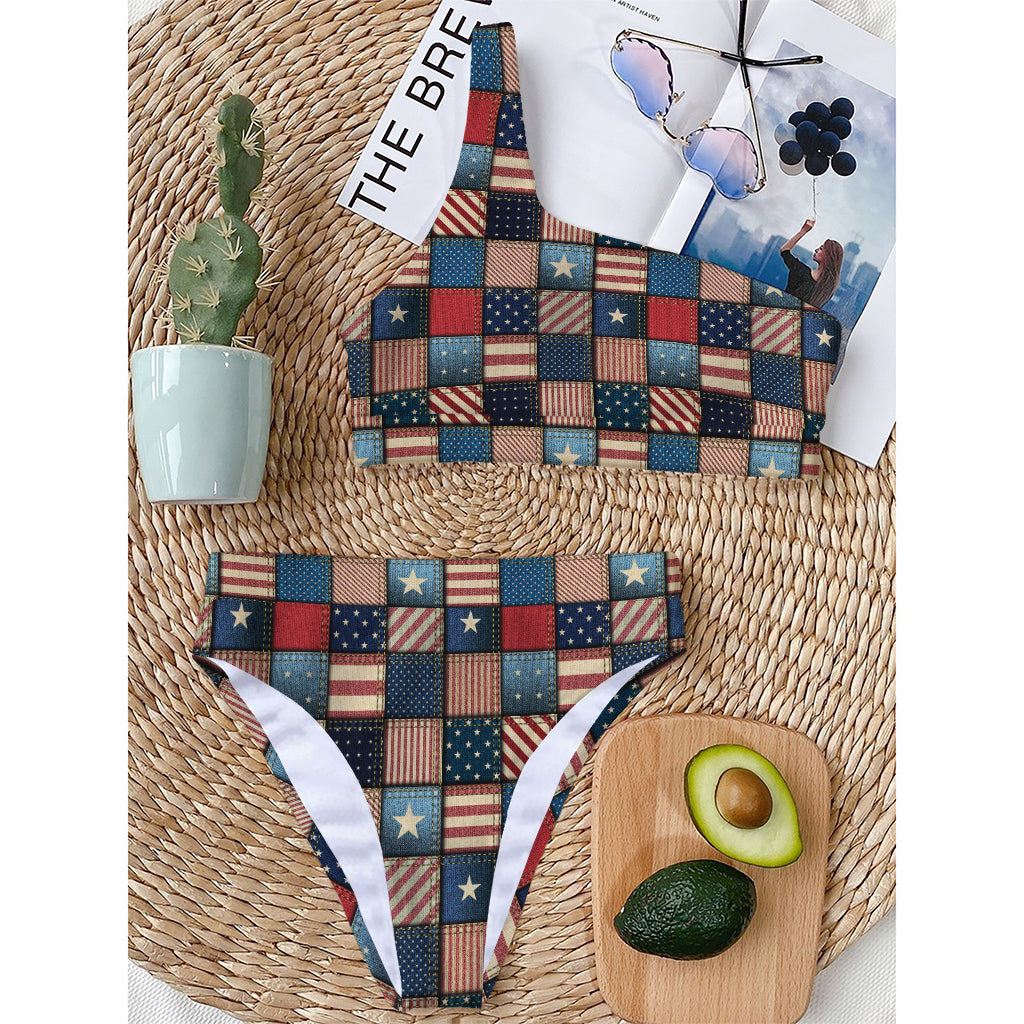 USA Denim Patchwork Pattern Print One Shoulder Bikini Top