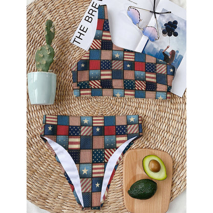 USA Denim Patchwork Pattern Print One Shoulder Bikini Top