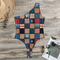 USA Denim Patchwork Pattern Print One Shoulder Bodysuit