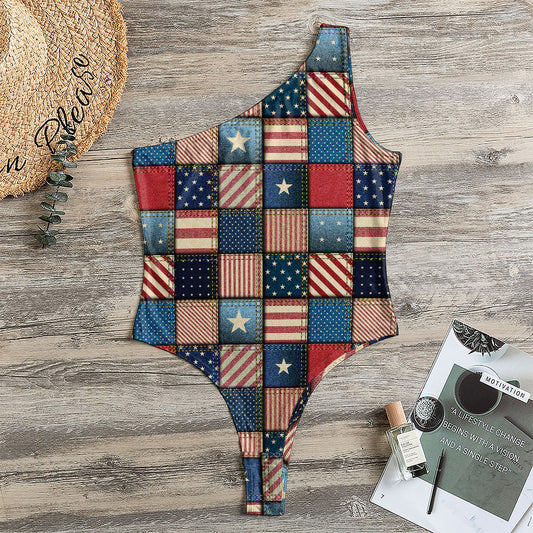 USA Denim Patchwork Pattern Print One Shoulder Bodysuit