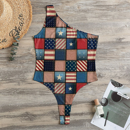 USA Denim Patchwork Pattern Print One Shoulder Bodysuit