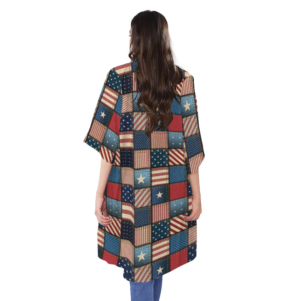 USA Denim Patchwork Pattern Print Open Front Beach Cover Up