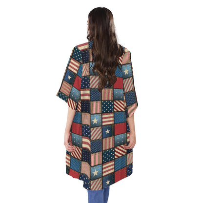 USA Denim Patchwork Pattern Print Open Front Beach Cover Up