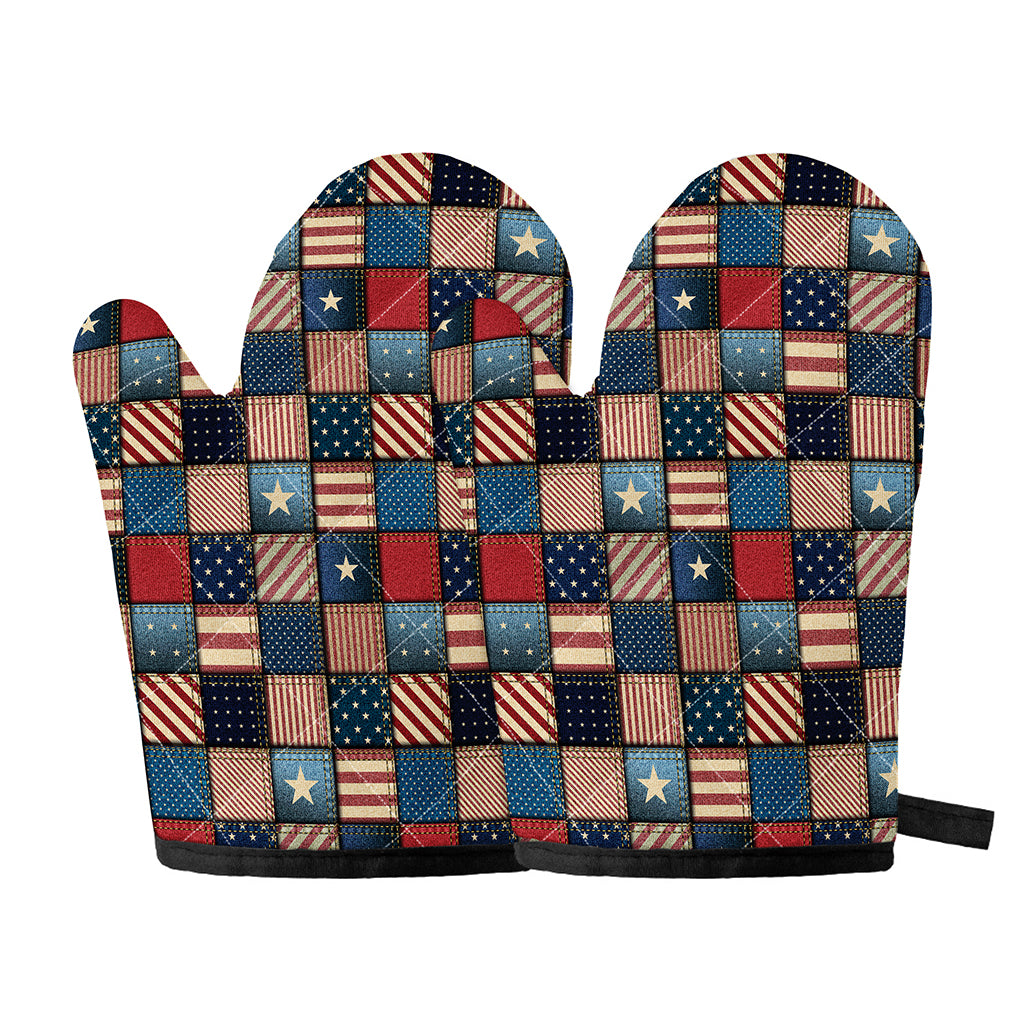 USA Denim Patchwork Pattern Print Oven Mitts
