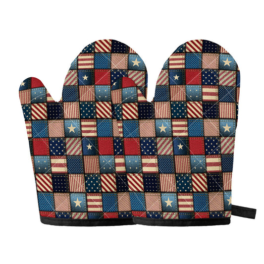 USA Denim Patchwork Pattern Print Oven Mitts