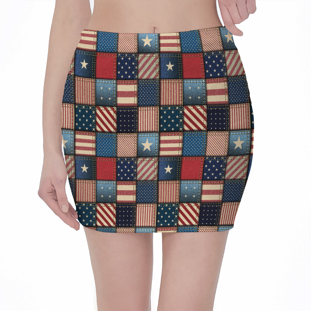 USA Denim Patchwork Pattern Print Pencil Mini Skirt