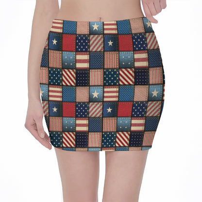 USA Denim Patchwork Pattern Print Pencil Mini Skirt