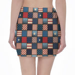 USA Denim Patchwork Pattern Print Pencil Mini Skirt