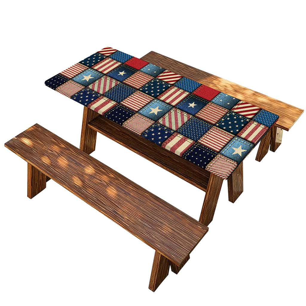 USA Denim Patchwork Pattern Print Picnic Table Cover