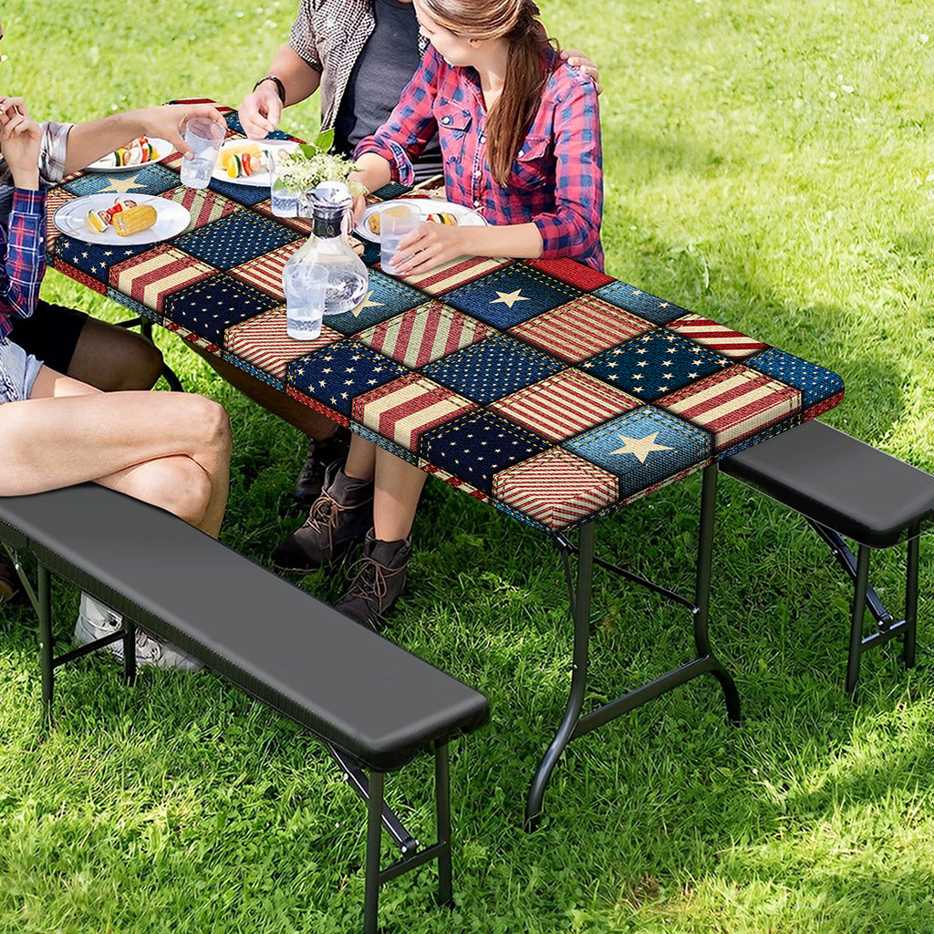 USA Denim Patchwork Pattern Print Picnic Table Cover