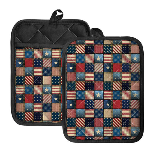 USA Denim Patchwork Pattern Print Pot Holders With Pocket