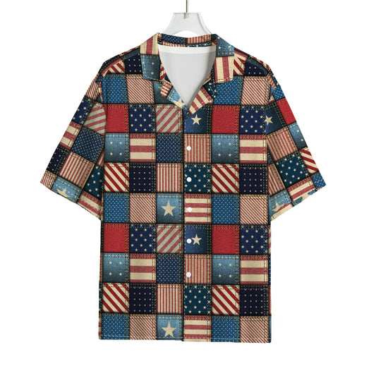 USA Denim Patchwork Pattern Print Rayon Hawaiian Shirt