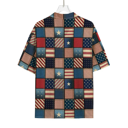 USA Denim Patchwork Pattern Print Rayon Hawaiian Shirt