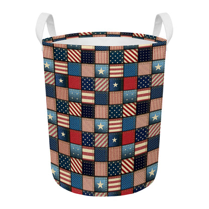 USA Denim Patchwork Pattern Print Round Laundry Basket