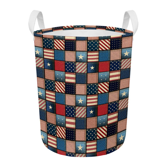 USA Denim Patchwork Pattern Print Round Laundry Basket