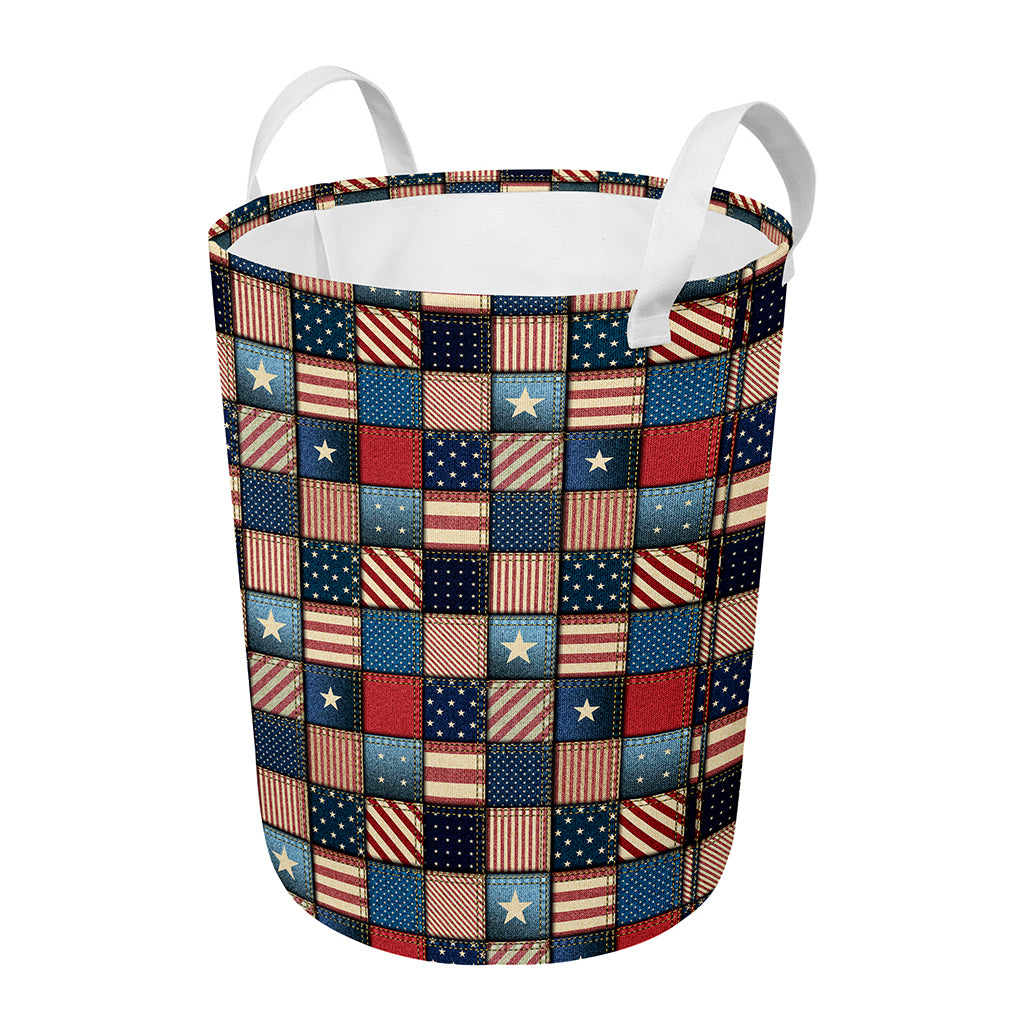 USA Denim Patchwork Pattern Print Round Laundry Basket