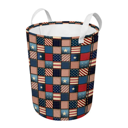 USA Denim Patchwork Pattern Print Round Laundry Basket