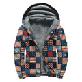 USA Denim Patchwork Pattern Print Sherpa Lined Zip Up Hoodie