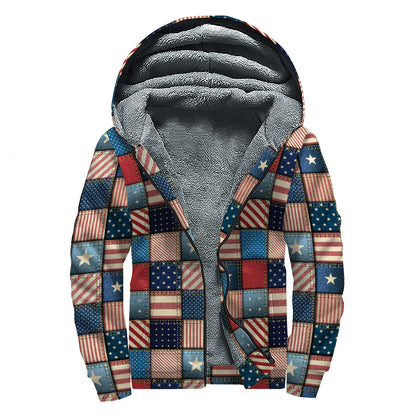 USA Denim Patchwork Pattern Print Sherpa Lined Zip Up Hoodie