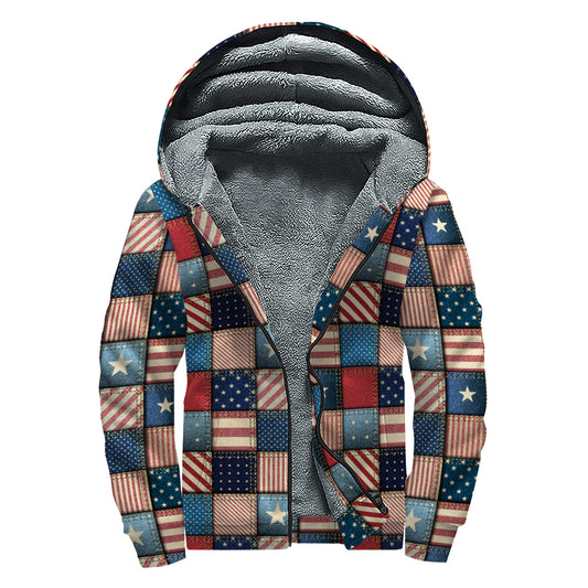 USA Denim Patchwork Pattern Print Sherpa Lined Zip Up Hoodie