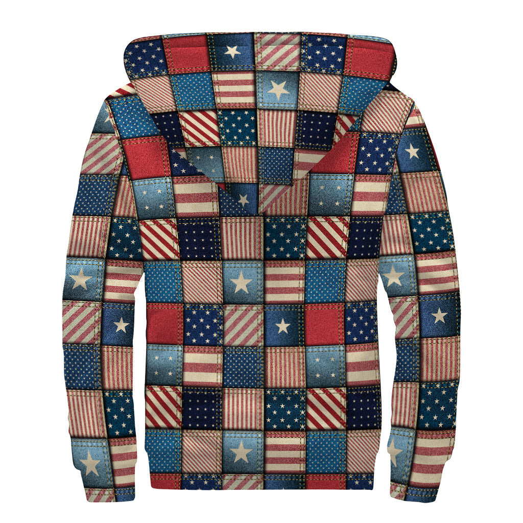 USA Denim Patchwork Pattern Print Sherpa Lined Zip Up Hoodie