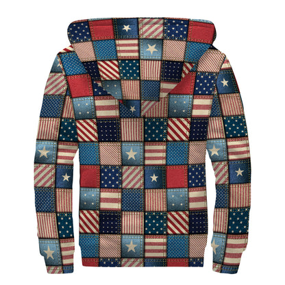 USA Denim Patchwork Pattern Print Sherpa Lined Zip Up Hoodie