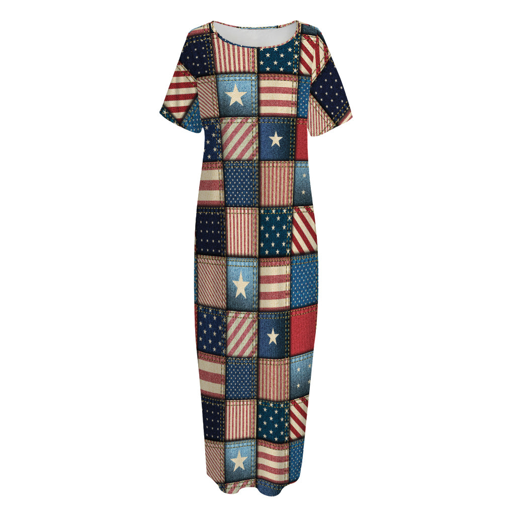 USA Denim Patchwork Pattern Print Short Sleeve Long Nightdress