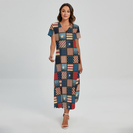 USA Denim Patchwork Pattern Print Short Sleeve Maxi Dress