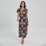 USA Denim Patchwork Pattern Print Short Sleeve Maxi Dress