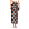 USA Denim Patchwork Pattern Print Side Slit Maxi Skirt