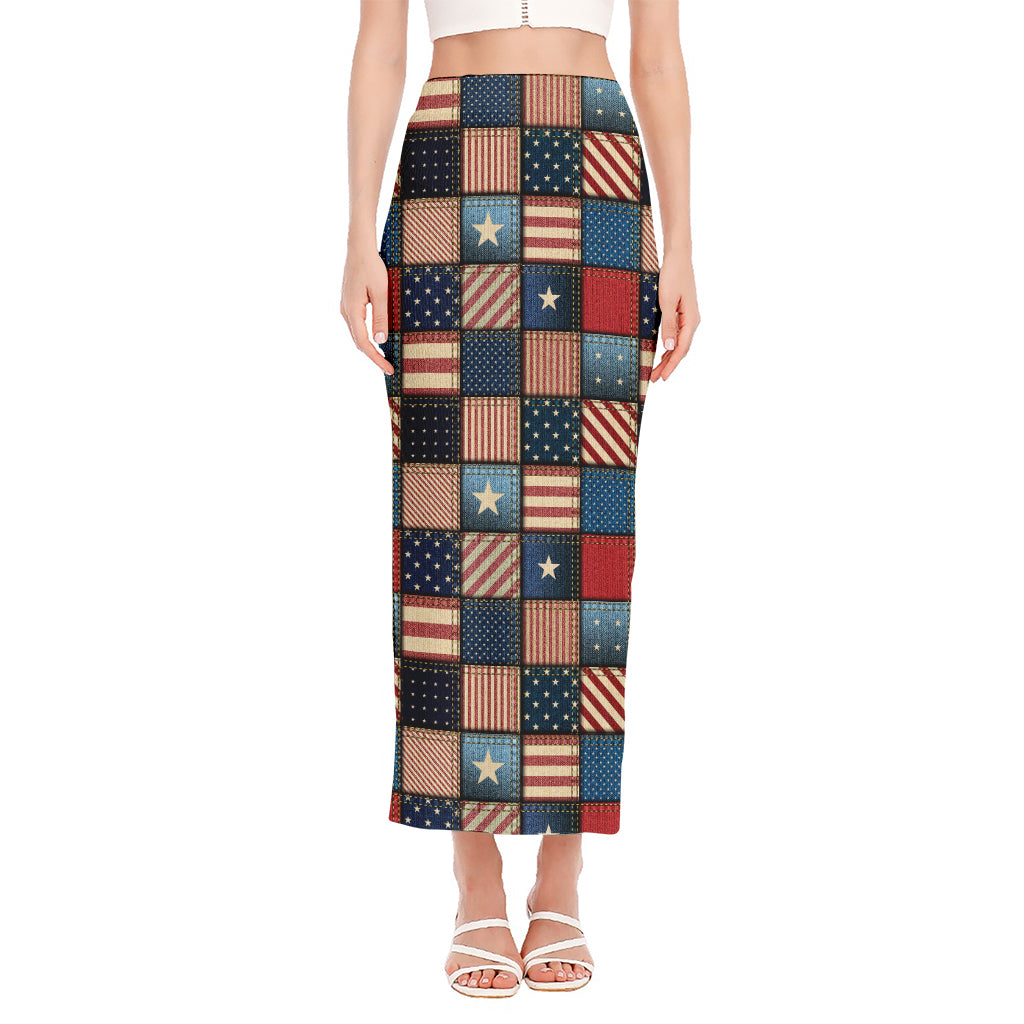 USA Denim Patchwork Pattern Print Side Slit Maxi Skirt