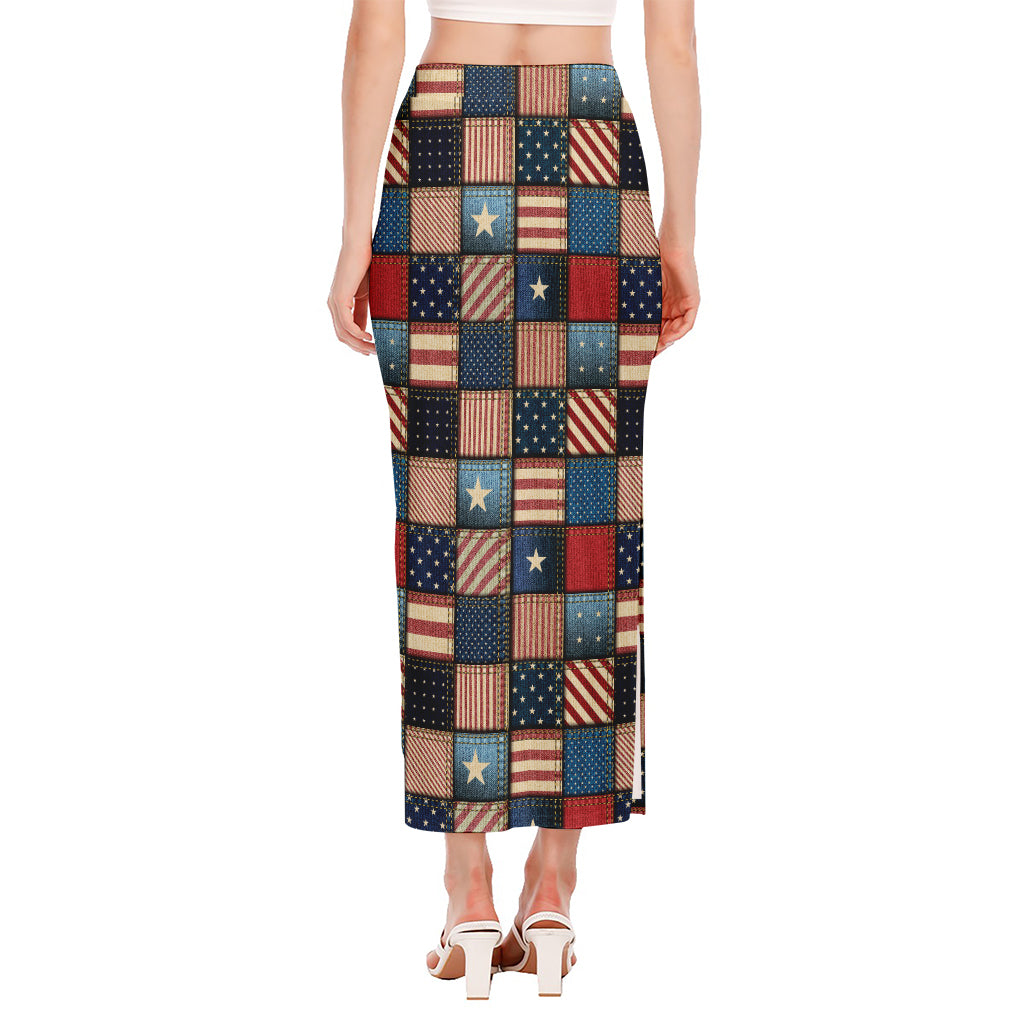 USA Denim Patchwork Pattern Print Side Slit Maxi Skirt