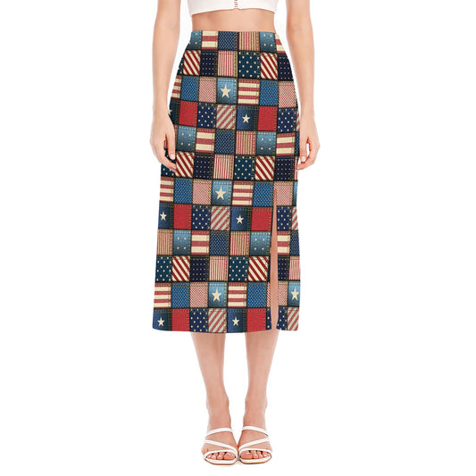 USA Denim Patchwork Pattern Print Side Slit Midi Skirt