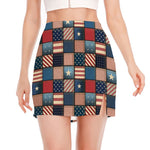 USA Denim Patchwork Pattern Print Side Slit Mini Skirt