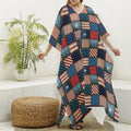 USA Denim Patchwork Pattern Print Silk V-Neck Kaftan Dress