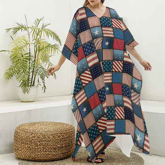 USA Denim Patchwork Pattern Print Silk V-Neck Kaftan Dress
