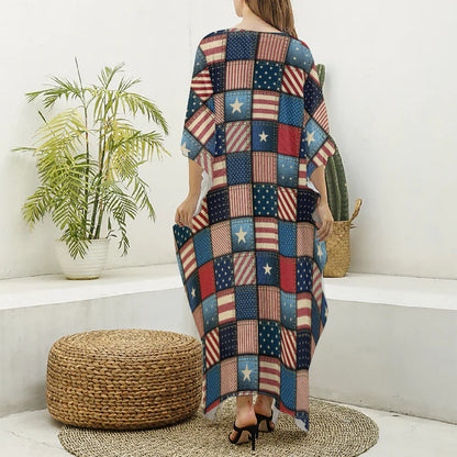 USA Denim Patchwork Pattern Print Silk V-Neck Kaftan Dress