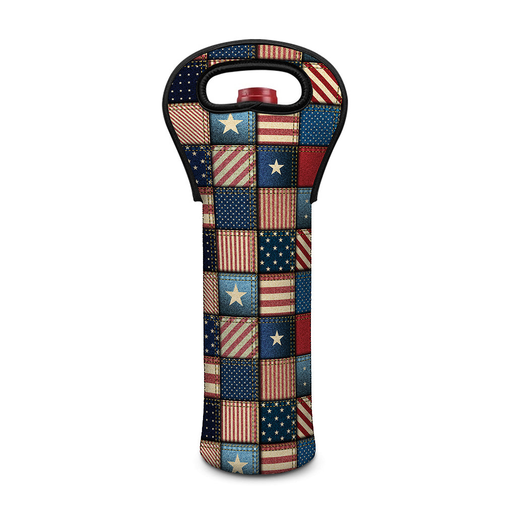 USA Denim Patchwork Pattern Print Single Neoprene Wine Tote