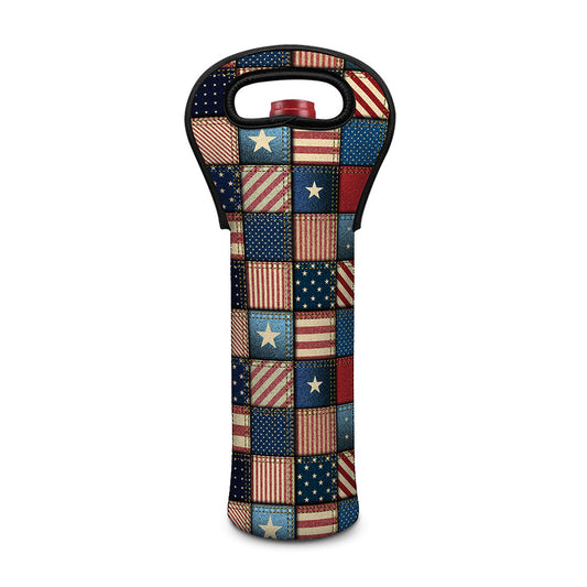 USA Denim Patchwork Pattern Print Single Neoprene Wine Tote