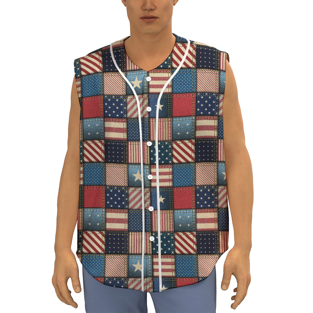 USA Denim Patchwork Pattern Print Sleeveless Baseball Jersey