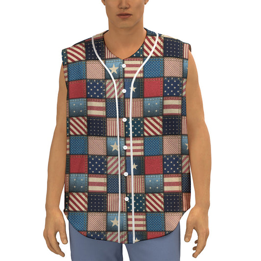 USA Denim Patchwork Pattern Print Sleeveless Baseball Jersey